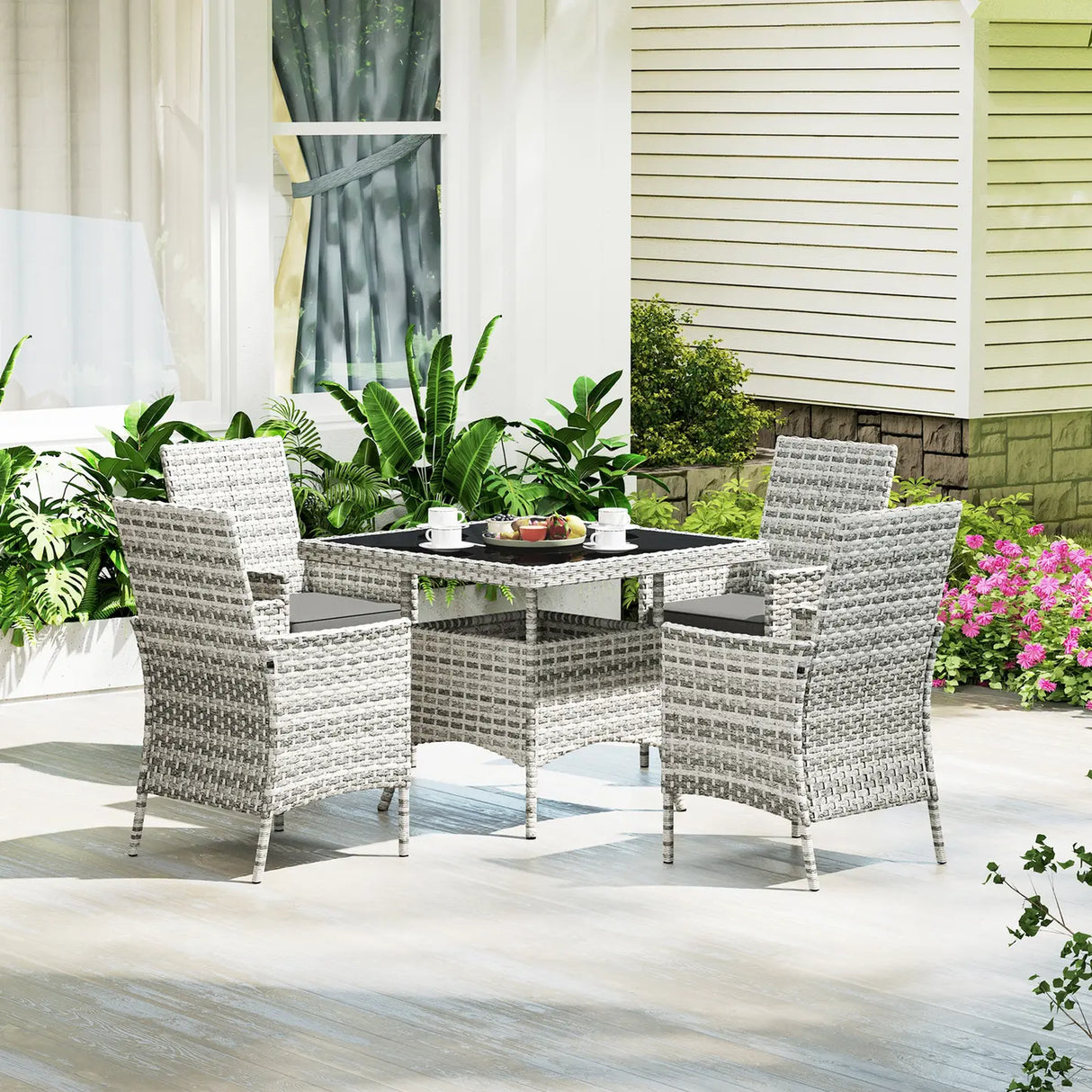 Outsunny Rattan Garden Furniture Set, Outdoor Dining Table and Chairs 4 Seater with Cushions, Square Tempered Glass Top, 4 Armchairs, for Balcony, Terrace, Conservatory, Mixed-Grey