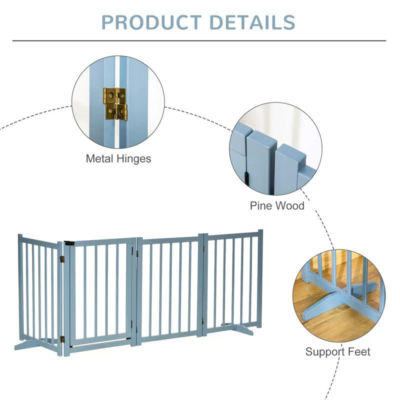 PawHut Pet Gate Wooden Foldable Dog Safety Barrier w/ 4 Panels for Small and Medium Dogs Blue