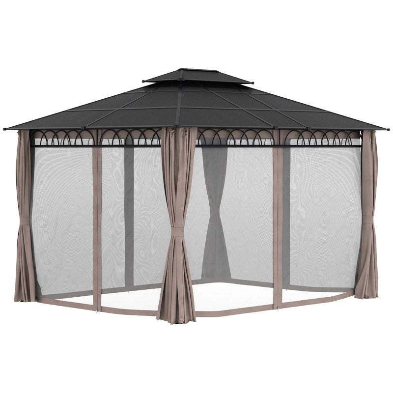 Outsunny 3.6 x 3 (m) Outdoor Polycarbonate Gazebo, Double Roof Hard Top Gazebo with Nettings & Curtains for Garden, Lawn, Patio