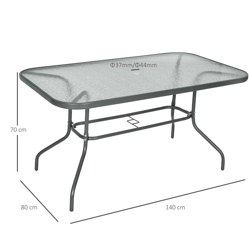 Outsunny Garden Dining Table Glass Top Metal Frame with Parasol Hole Outdoor Balcony Grey 140L x 80Wcm