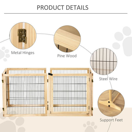 PawHut Wooden Pet Gate, Freestanding Dog Safety Barrier with Two Support Feet - Natural Tone