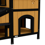 PawHut Wooden Cat House with Flower Pot, Windows, Multiple Entrances, Water-Resistant Roof for Outdoor - Yellow