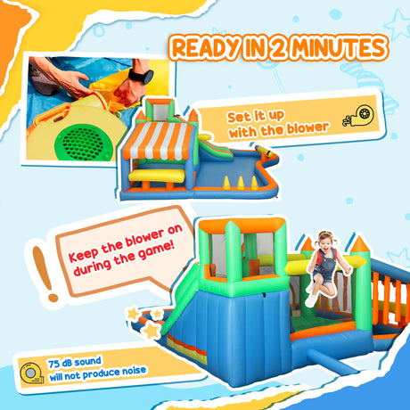 AIYAPLAY 8 in 1 Inflatable Bounce House with 550W Blower, Slide, 2 Pools, Basketball Hoop, Climbing Wall, Water Gun, Ring Toss