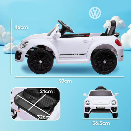 AIYAPLAY Volkswagen Beetle Licensed 12V Ride on Car w/ Remote Control, Suspension Wheels, Soft Start, Lights, Music, White