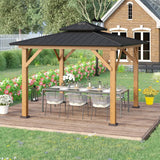 Outsunny 3.5 x 3.5m Outdoor Hardtop Gazebo Canopy with Two-tier Metal Roof and Solid Wood Frame Outdoor Patio Shelter for Patio, Garden, Black