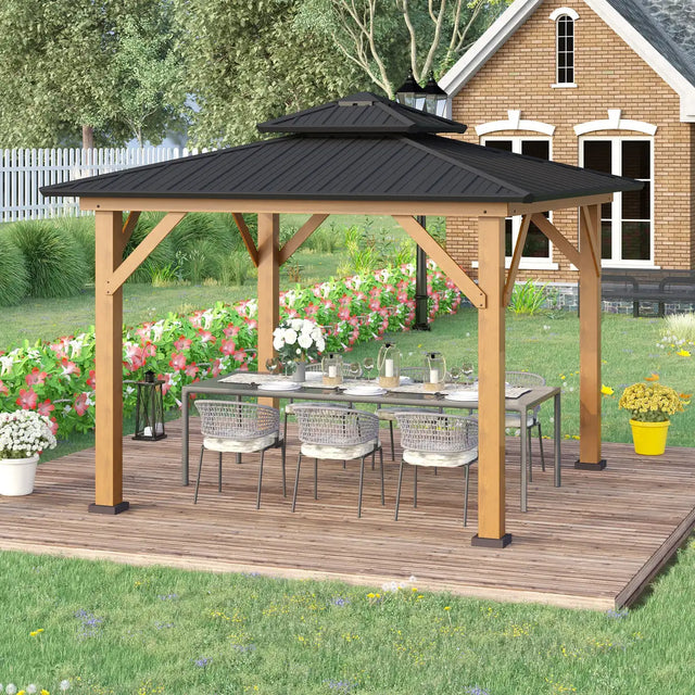 Outsunny 3.5 x 3.5m Outdoor Hardtop Gazebo Canopy with Two-tier Metal Roof and Solid Wood Frame Outdoor Patio Shelter for Patio, Garden, Black