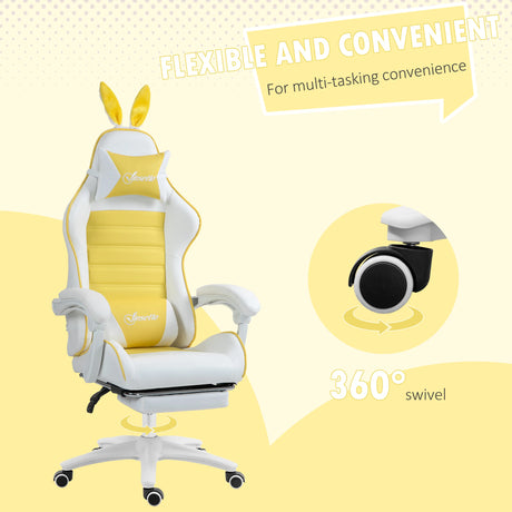 Vinsetto Reclining Racing Gaming Chair with Headrest and Lumber Support, PU Leather Computer Chair with Removable Rabbit Ears, Footrest, Yellow