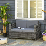 Outsunny Rattan Sofa, 2 Seater Garden Furniture with Soft Padded Cushion and Armrests, Wicker Garden Loveseat for Patio, Mixed Grey