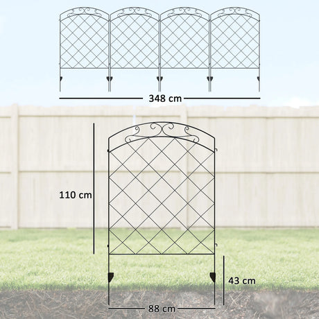 Outsunny Steel Decorative Swirls Outdoor Picket Fence Panels Set of 4, Black