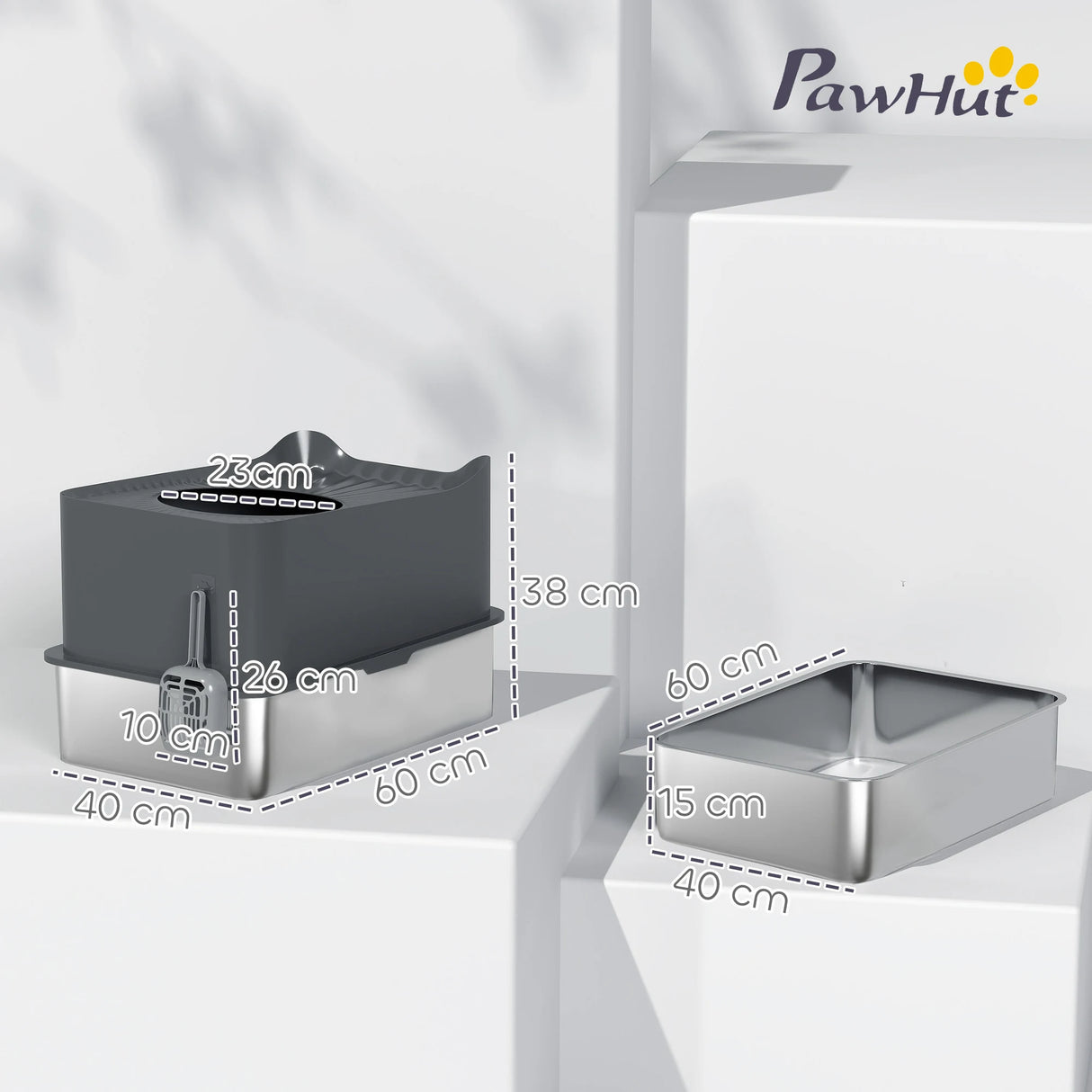 PawHut Stainless Steel Cat Litter Tray, Extra Large Enclosed Litter Box with Scoop, Top Entrance, Non-slip Pads, Dark Grey