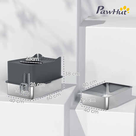 PawHut Stainless Steel Cat Litter Tray, Extra Large Enclosed Litter Box with Scoop, Top Entrance, Non-slip Pads, Dark Grey
