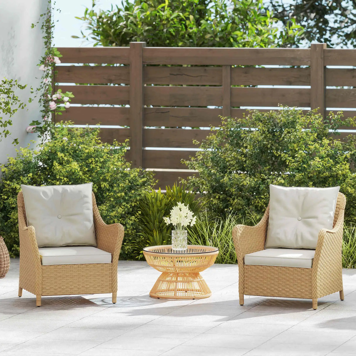 Outsunny Rattan Garden Chairs Set of 2, Outdoor Rattan Chairs with Cushions, Armrests and High Back, PE Wicker Garden Armchair with Steel Frame for Balcony, Porch, Beige