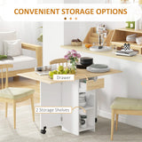 HOMCOM Folding Dining Table, Drop Leaf Table for Small Spaces, Foldable Table with Drawer and Storage Shelves for Kitchen, Dining Room, Oak