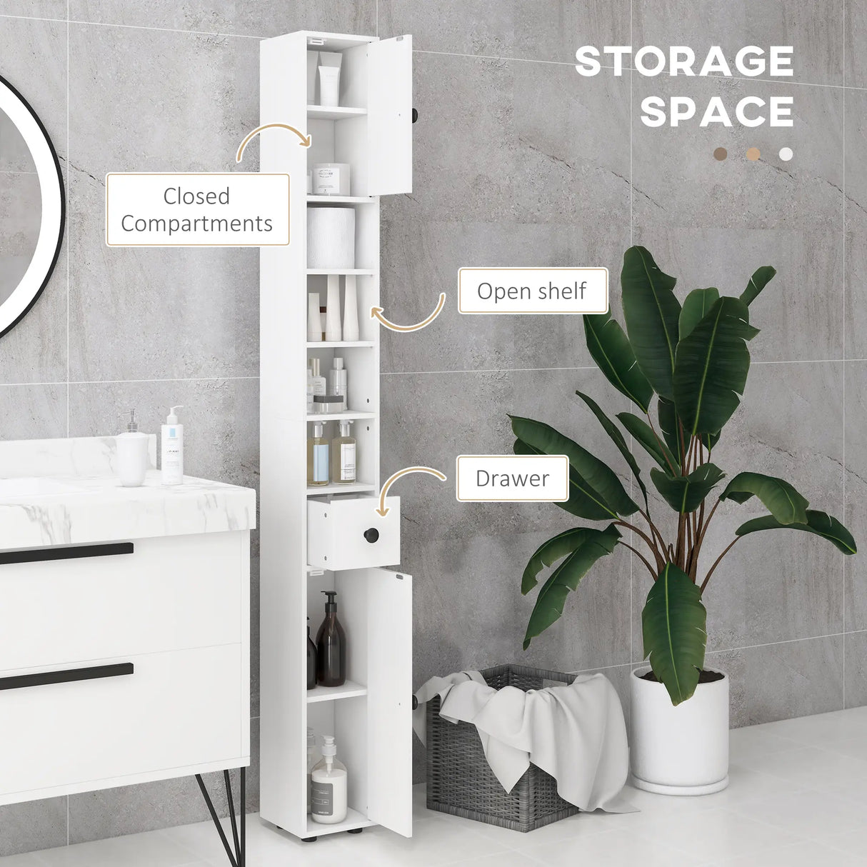 kleankin 180cm Slim Bathroom Cabinet, with Drawer, Shelves and Cupboards - White
