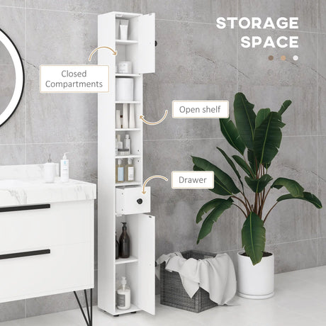 kleankin 180cm Slim Bathroom Cabinet, with Drawer, Shelves and Cupboards - White