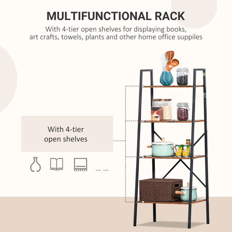 HOMCOM Ladder Shelf, Bookshelf, 4-Tier Industrial Storage Rack for Living Room, Bedroom, Kitchen, Rustic Brown and Black