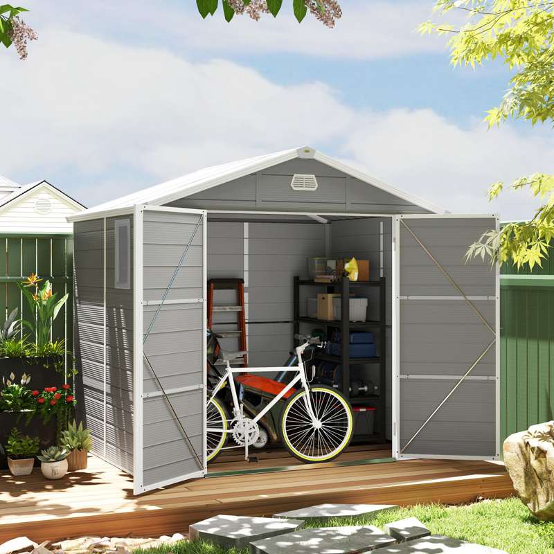 Outsunny 7.9ft x 6.2ft Aluminium Frame and Plastic Wall Shed, with Foundation - Light Grey