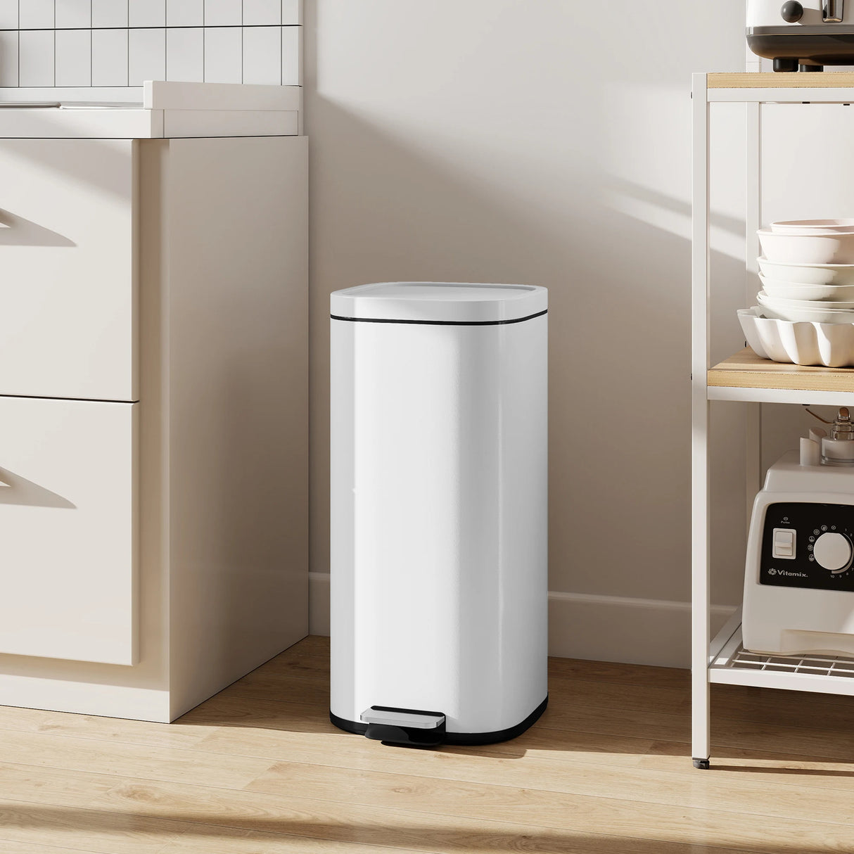 HOMCOM 30L Kitchen Bin, Compact Pedal Bin with Soft-Close and Stay-Open Lid, Removable Bucket for Kitchen, Home, Office, White