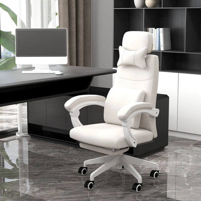 Vinsetto Linen-Look Office Chair, with 160 Reclining Back and Footrest - White