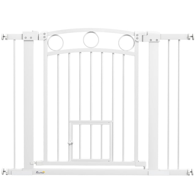 PawHut 77cm Tall Dog Gate with Cat Door, 7cm and 14cm Extensions, for Stairs, Doorways, 76-104cm Width