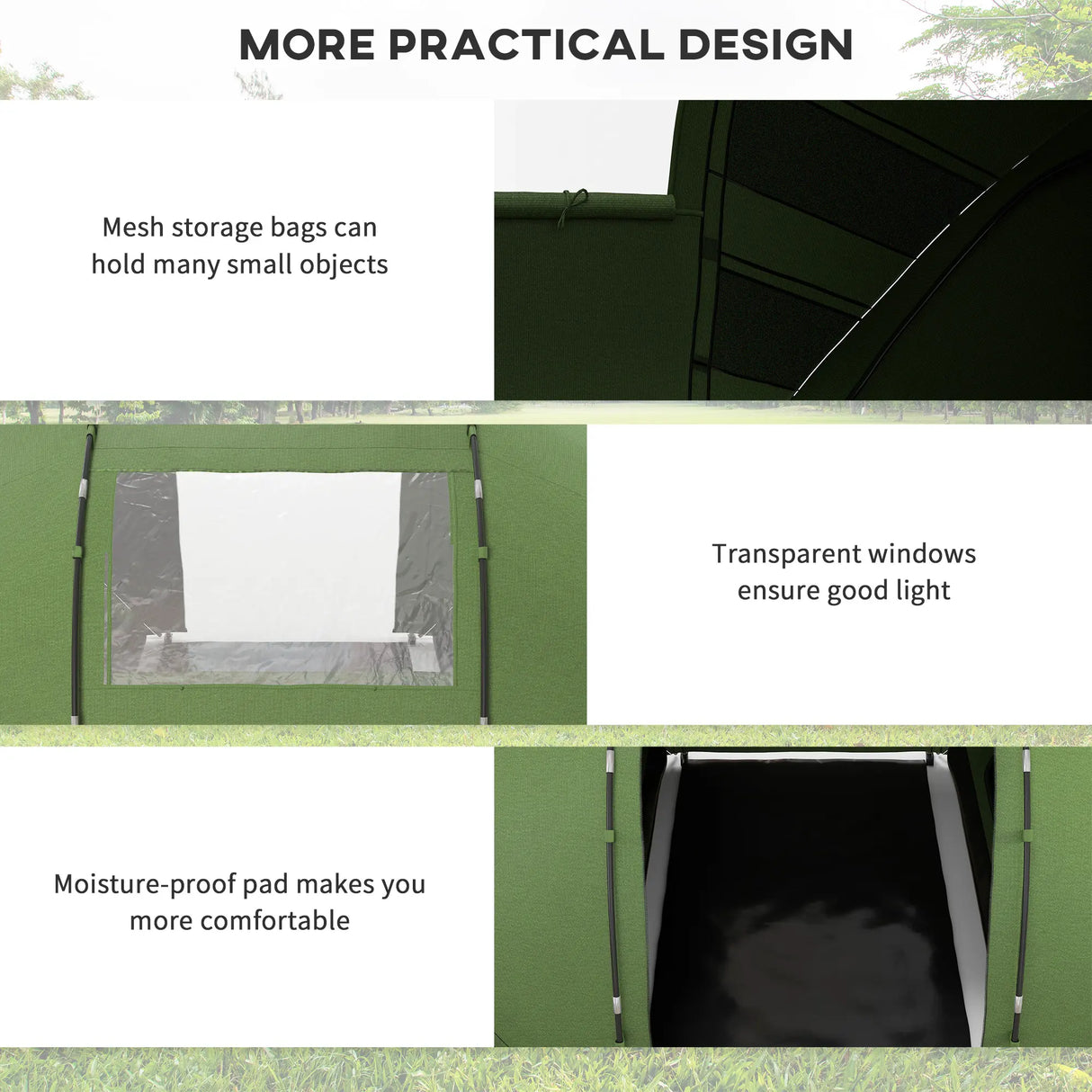 Outsunny 4-6 Man Camping Tent with Living Area and 2 Bedrooms, Hiking Sun Shelter, UV Protection Tunnel Tent, Dark Green