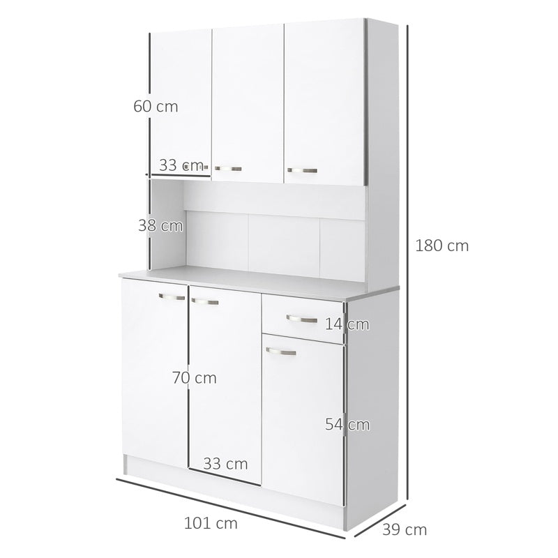 HOMCOM Kitchen Cupboard, Freestanding Kitchen Storage Cabinet with 6 Doors, Drawer, Adjustable Shelves and Open Countertop for Dining Room, White