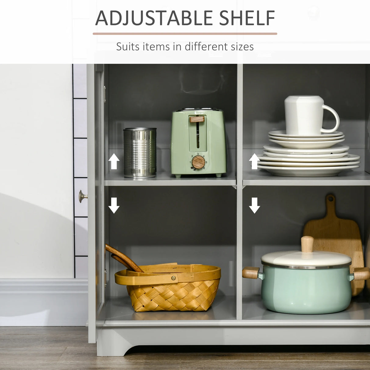 HOMCOM Sideboard with Rubberwood Top and Adjustable Shelves for Dining Room, Kitchen - Grey