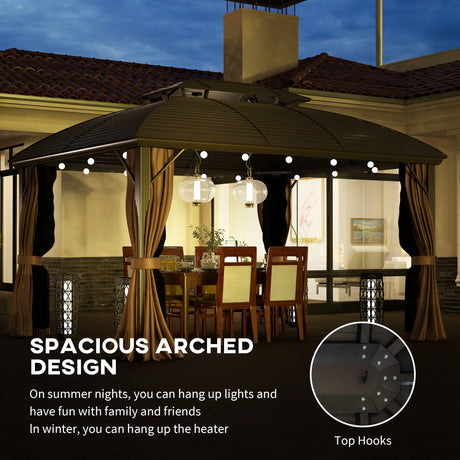 Outsunny 3.65 x 3(m) Hardtop Steel Gazebo Canopy with Aluminium Frame, Double Roof, Net Sidewalls and Curtains, Coffee