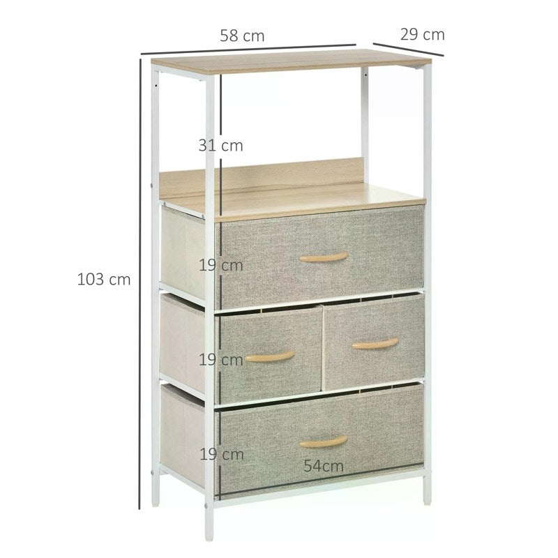 HOMCOM 4 Drawer Storage Chest Unit Home Cabinet w/ Shelves Home Living Room Bedroom Entryway Living Furniture, Light Grey