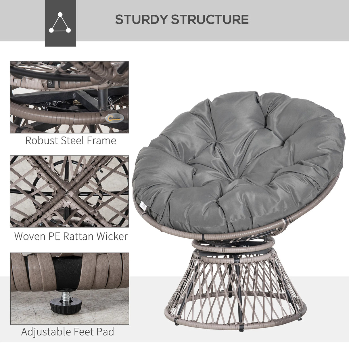 Outsunny 360 Swivel Rattan Papasan Moon Bowl Chair Round Lounge Garden Wicker Basket Seat with Padded Cushion Oversized for Outdoor Indoor, Grey