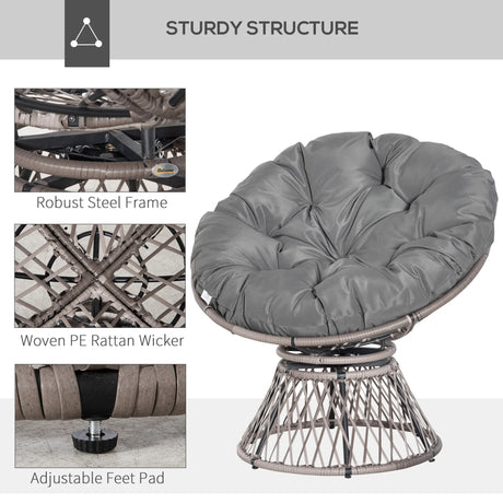 Outsunny 360 Swivel Rattan Papasan Moon Bowl Chair Round Lounge Garden Wicker Basket Seat with Padded Cushion Oversized for Outdoor Indoor, Grey