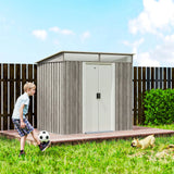 Outsunny 6.5 x 4FT Galvanised Metal Shed with Foundation Kit, Lockable Tool Garden Shed with Double Sliding Doors, Vents, Light Grey Wood Effect