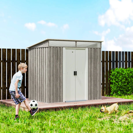 Outsunny 6.5 x 4FT Galvanised Metal Shed with Foundation Kit, Lockable Tool Garden Shed with Double Sliding Doors, Vents, Light Grey Wood Effect