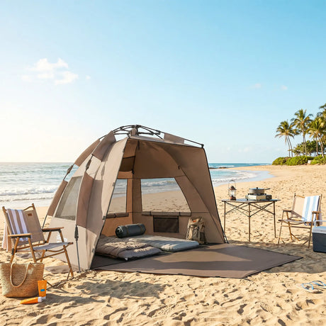 Outsunny 2-3 Person Pop Up Beach Tent, UPF15+ Sun Shelter with Extended Floor, Sandbags, Mesh Windows and Carry Bag, Brown