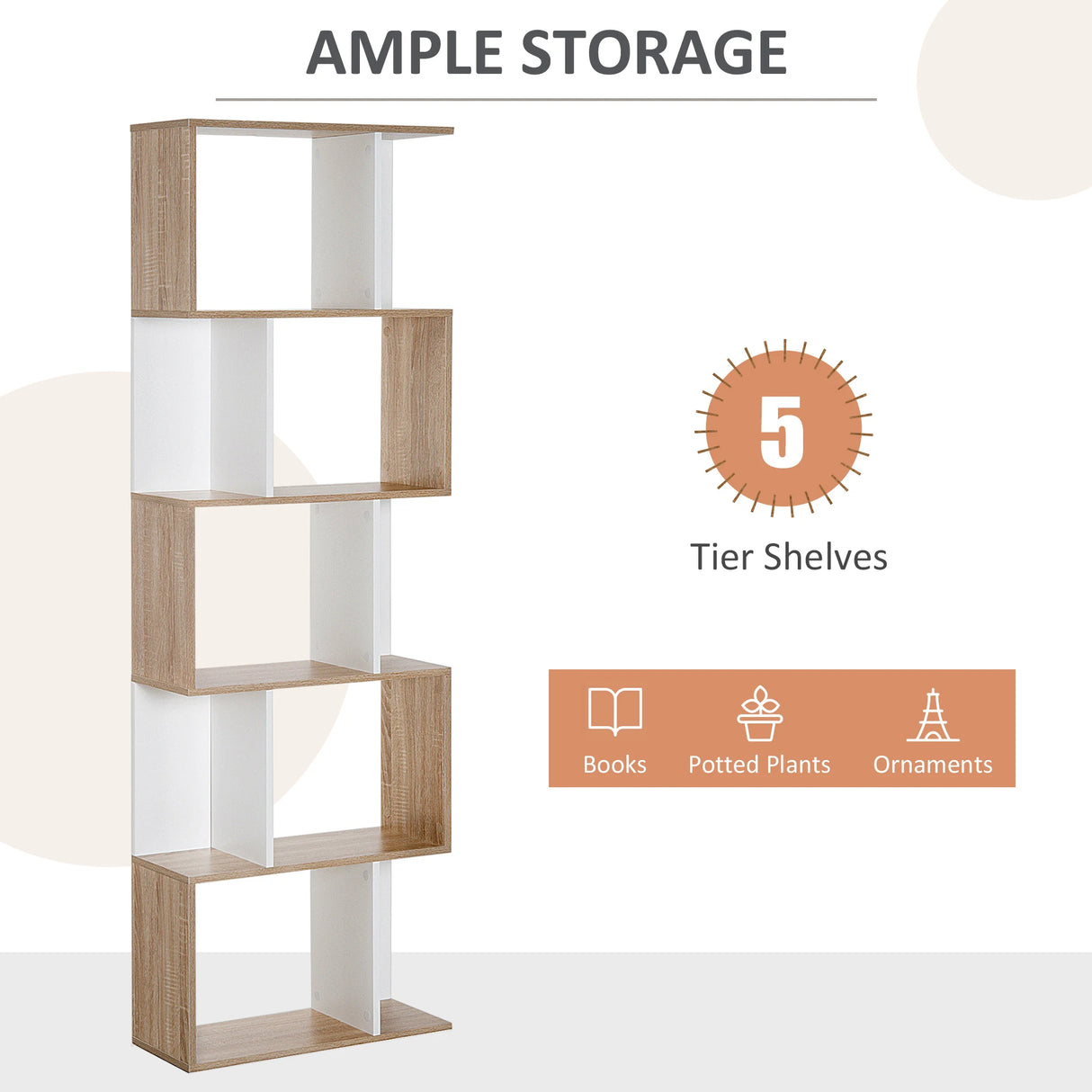 HOMCOM Bookcase, S-Shaped Wooden Bookshelf, 5/6 Tiers Freestanding Storage Shelf, Home Office Decorative Display Stand Rack, Oak and White, 24D x 60W x 184.5H