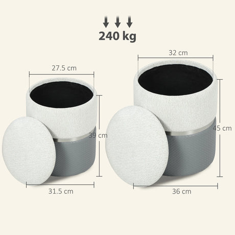 HOMCOM Nesting Round Ottoman with Storage Set of 2 - Cream/Grey