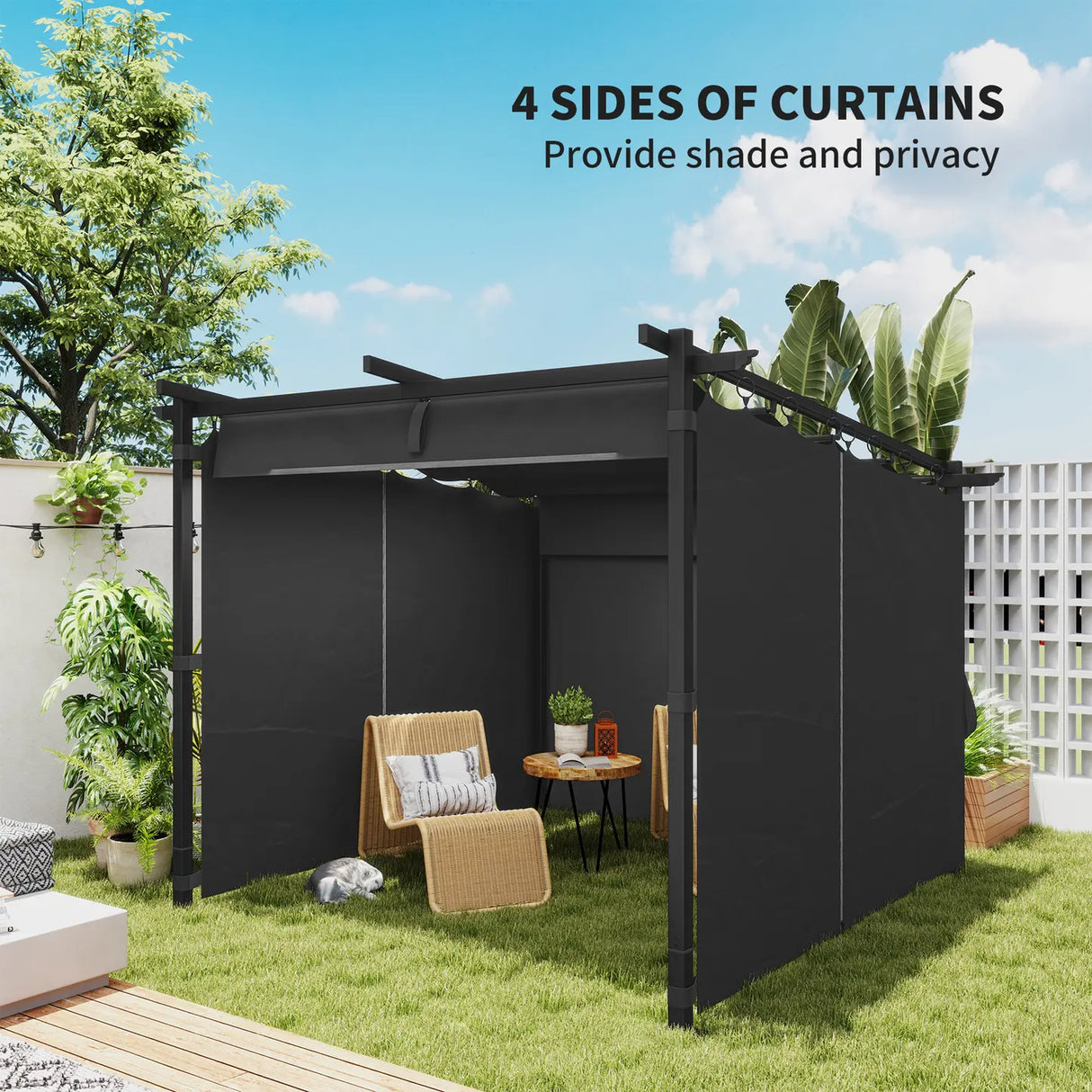 Outsunny 3 x 3 m Retractable Roof Pergola, with Curtains - Dark Grey