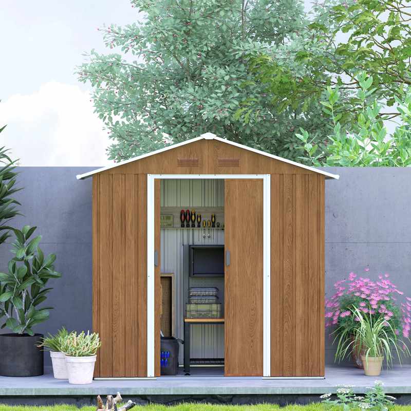 Outsunny 6.5 x 3.5ft Metal Garden Storage Shed - Brown Wood Effect