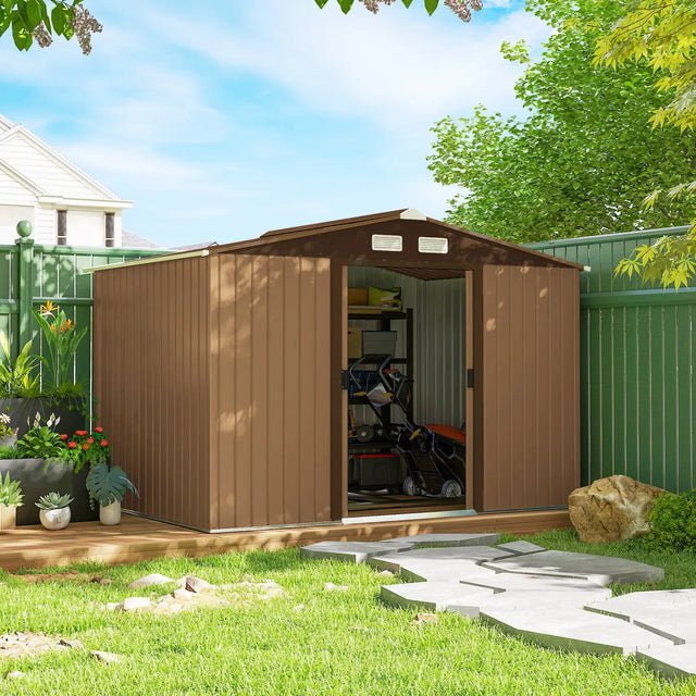 Outsunny 9 x 6ft Metal Garden Shed, Outdoor Storage Tool House with Ventilation Slots, Foundation Kit and Lockable Double Doors, Light Brown
