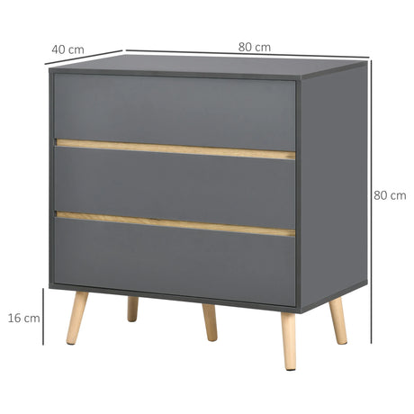 HOMCOM Drawer Chest, 3-Drawer Storage Organiser for Bedroom, Living Room, 80cmx40cmx80cm, Dark Grey