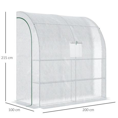 Outsunny Walk-In Lean to Wall Greenhouse with Windows and Doors, Outdoor Green House with 3 Tiers 4 Wired Shelves, 200L x 100W x 215Hcm, White