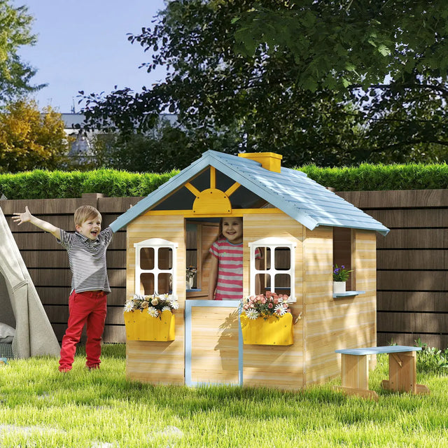 Outsunny Wooden Playhouse, Wendy House w/ Door, Bench, Flowerpot Holder, For Ages 3-7 Years, Blue