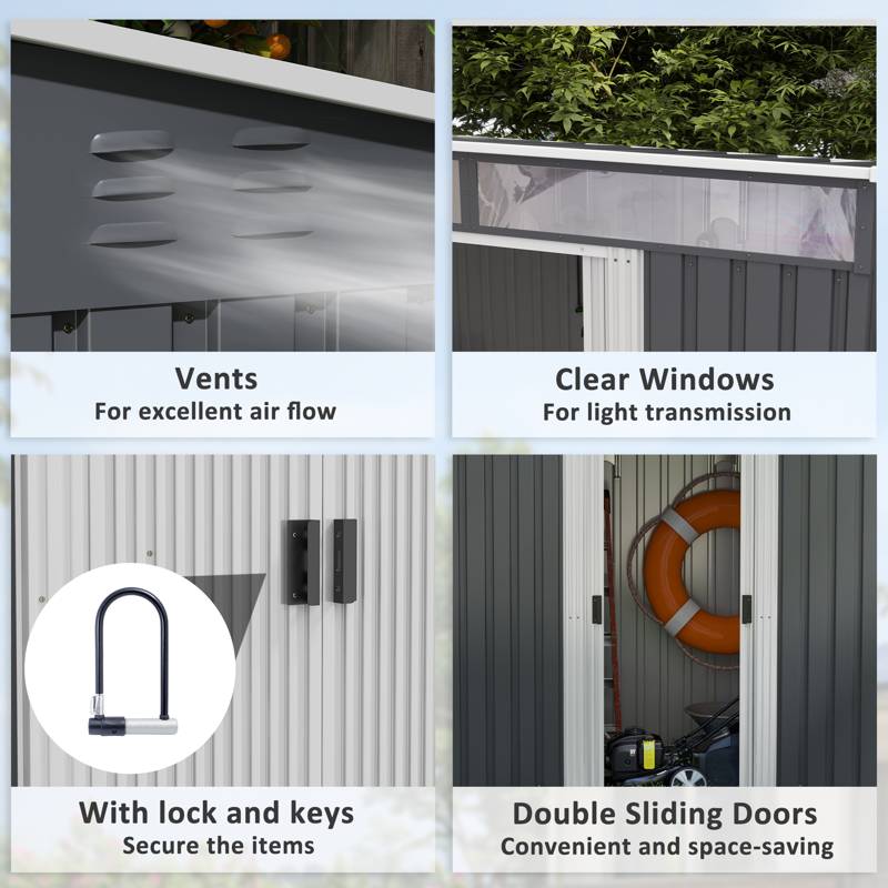 Outsunny 6.5 x 4FT Galvanised Metal Shed with Foundation Kit, Lockable Tool Garden Shed with Double Sliding Doors, Vents, Grey