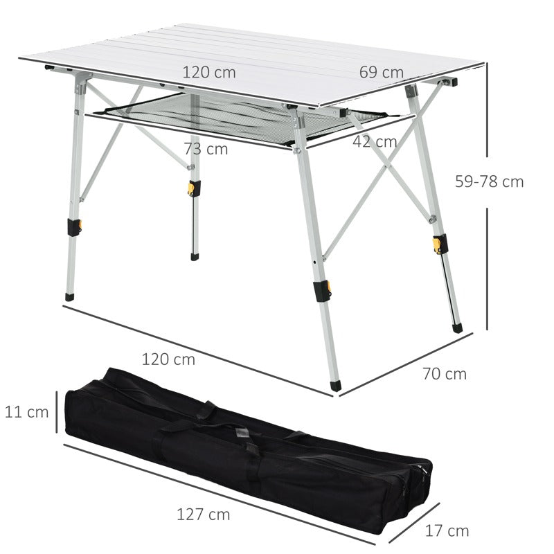 Outsunny 4FT Folding Aluminium Picnic Table Portable Camping BBQ Table Roll Up Top Mesh Layer Rack with Carrying Bag