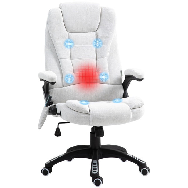 Vinsetto Massage Recliner Chair Heated Office Chair with Six Massage Points Linen-Feel Fabric 360° Swivel Wheels Cream White