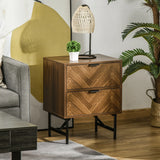 HOMCOM Bedside Table Set of 2 with 2 Drawers, Modern Side Tables with Herringbone Pattern and Metal Legs for Bedroom, Living Room, Walnut Brown