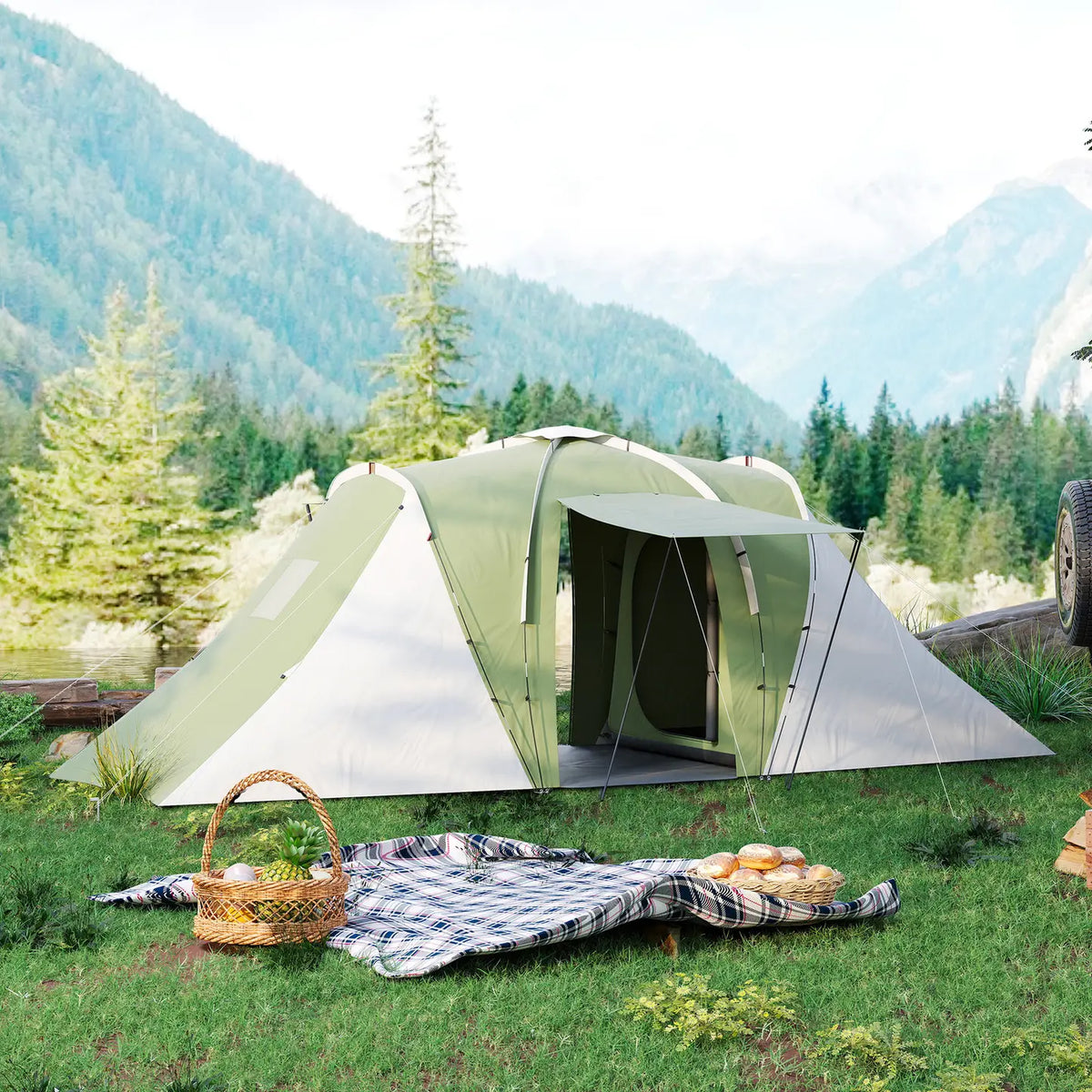 Outsunny Large Camping Tent Tunnel Tent with 2 Bedroom and Living Area, 2000mm Waterproof, Portable with Bag for 4-6 Man, Green