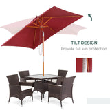 Outsunny 2m x 1.5m Garden Parasol Umbrella with Tilting Sunshade Canopy, Outdoor Market Table Umbrella with Wood and Bamboo Frame, Wine Red