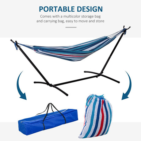 Outsunny 298 x 117cm Hammock with Stand Camping Hammock with Portable Carrying Bag, Adjustable Height, 120kg Load Capacity, White Stripe