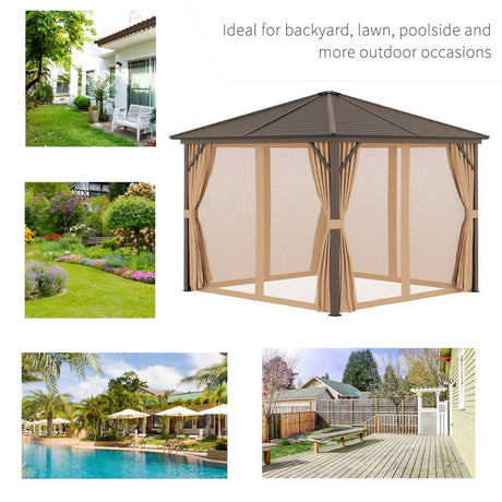 Outsunny 3 x 3(m) Metal Hardtop Gazebo, with Curtains and Accessories - Brown